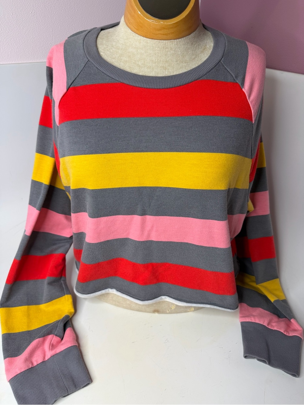 flirtitude Gray Long Sleeve Crewneck with Red, Pink & Yellow Stripes
